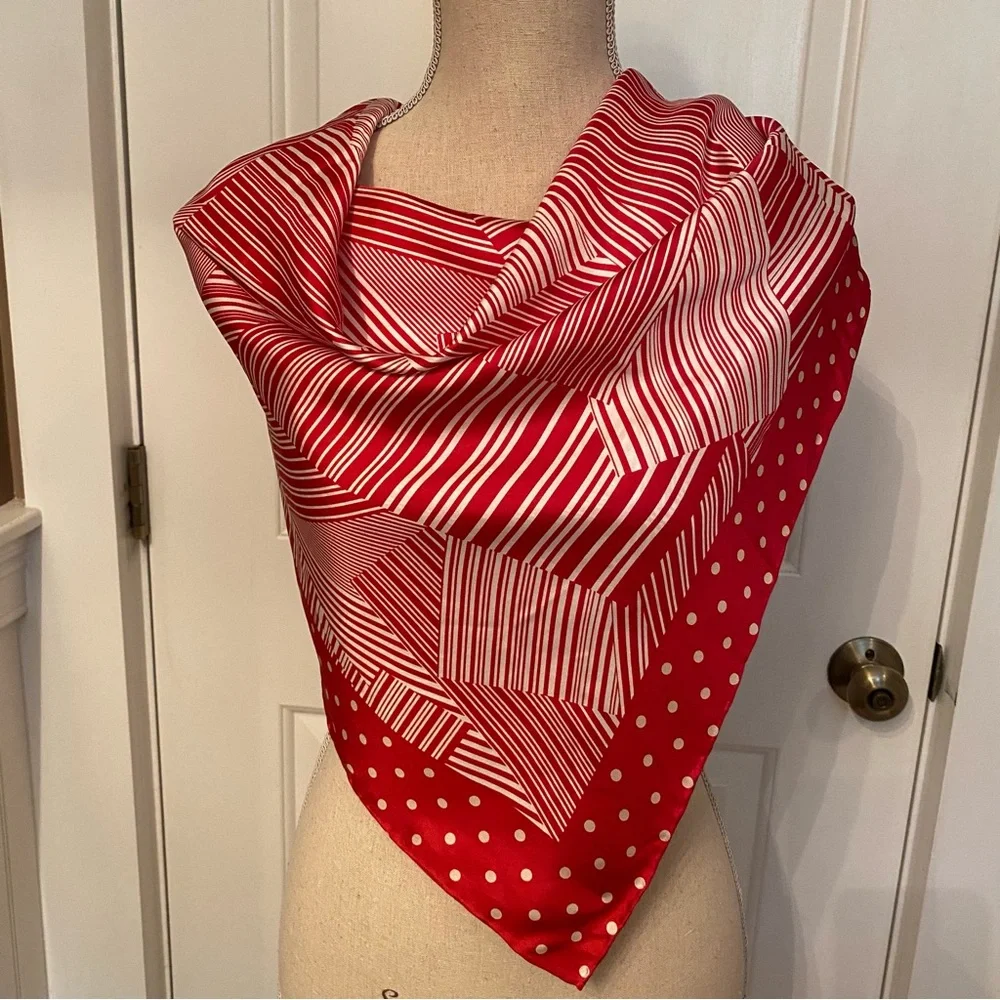 DONCASTER SCARF RED WHITE SILK DOT GEOMETRIC PRINT LARGE SQUARE
